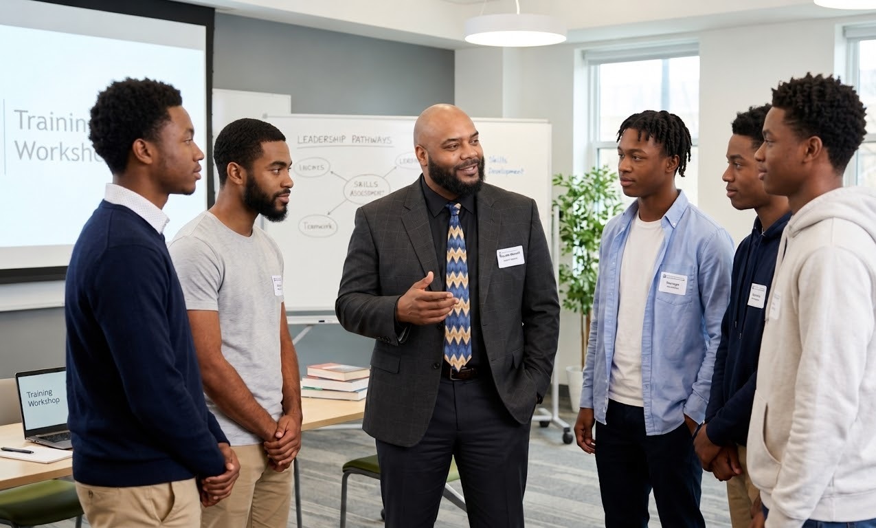 A Method One instructor leading a training workshop with young men in the program.