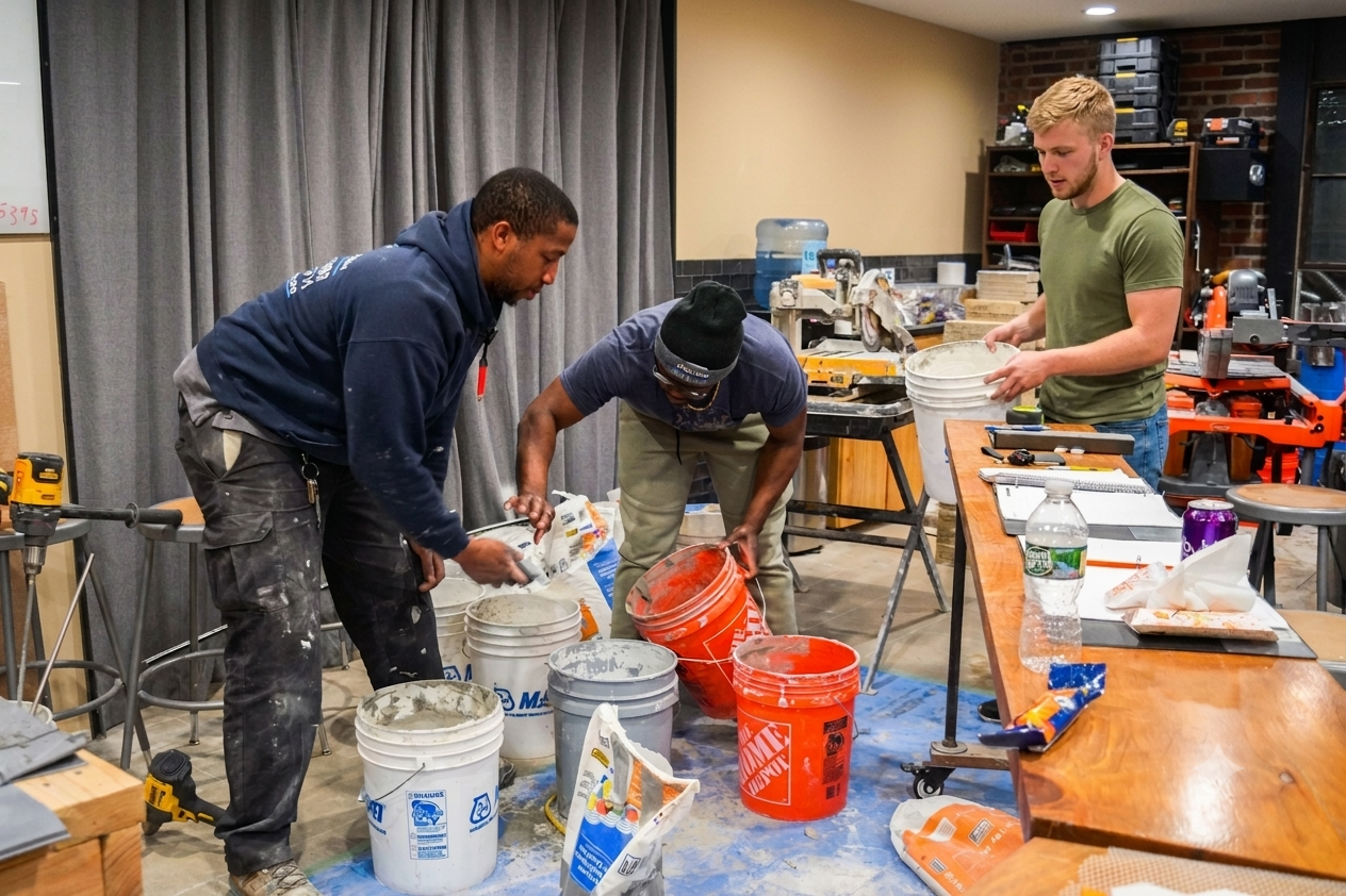 Young men in the Method One program working together on a tile installation.