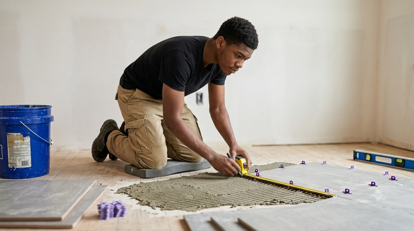A young Method One trainee measuring tile on a jobsite floor.