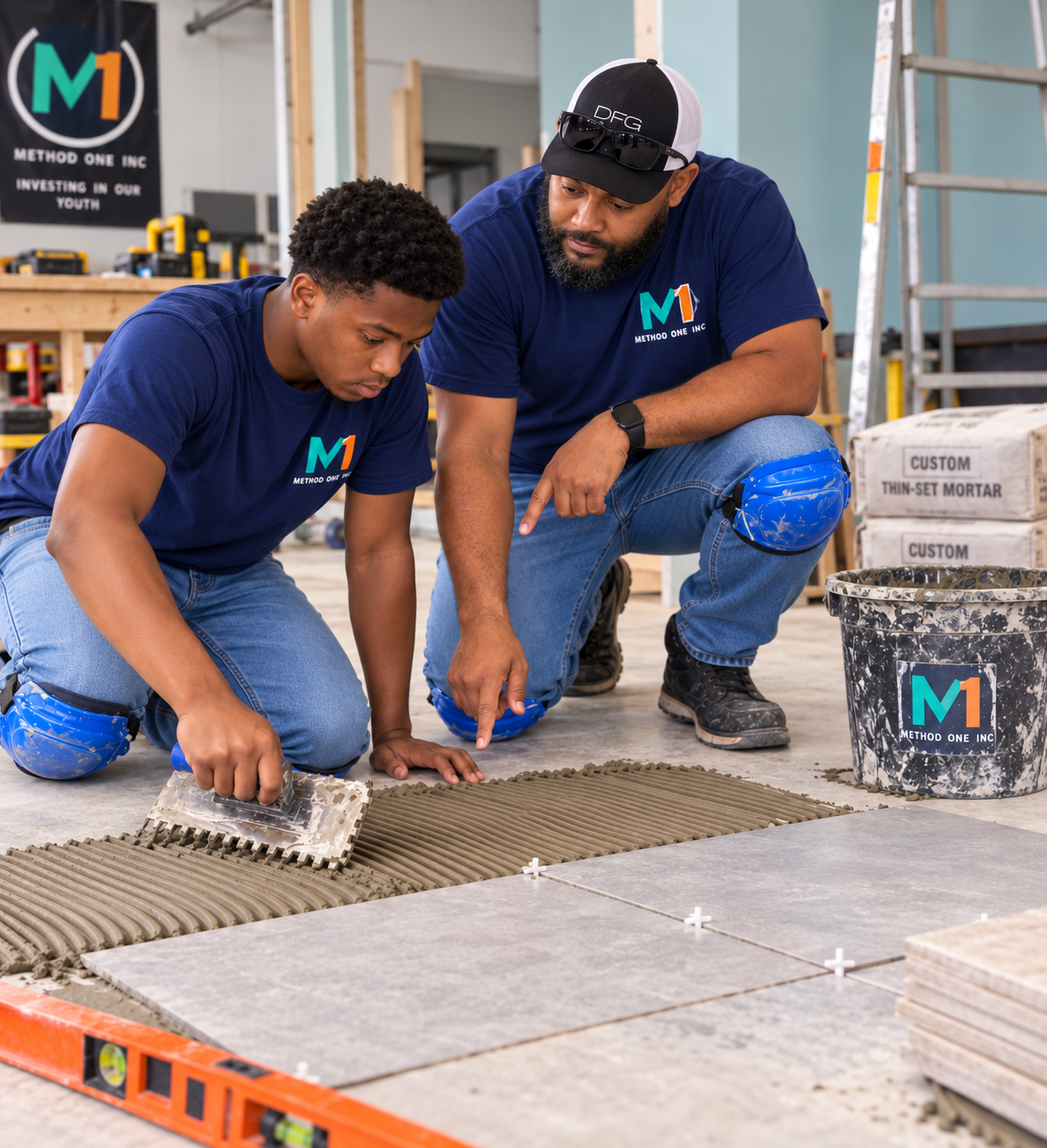 A Method One instructor guides a trainee as he spreads thin-set mortar with a notched trowel during hands-on tile training.