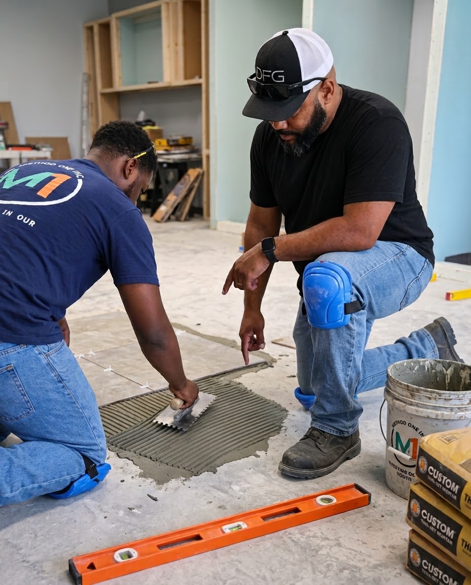 A Method One instructor kneels beside a trainee, pointing out the edge of freshly spread thin-set mortar during hands-on tile installation training.